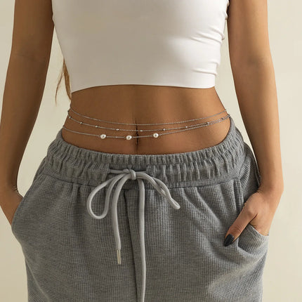 Sexy and Minimalist Imitation Pearl Chain Metal Waist Chain Mixed and Stacked Fashion Girl Beaded Woven Body Chain Belly Chain
