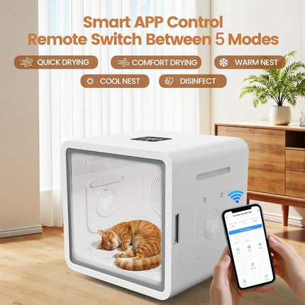 76L Smart Pet Dryer Box with APP Temperature Control 360° Airflow 5 Grooming Modes Timer Child Lock for Cats Custom