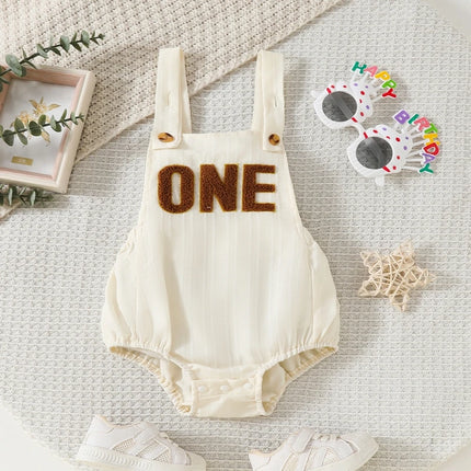 Pudcoco Infant Baby Girls Boys One Birthday Summer Romper Infant Sleeveless Letter Embroidery Button Casual Overalls 9-18M