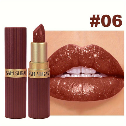 Coral Pearlescent Lipstick - Waterproof, Long-Lasting Shimmer Gloss with Golden Cap, Non-Sticky Formula, Easy Application