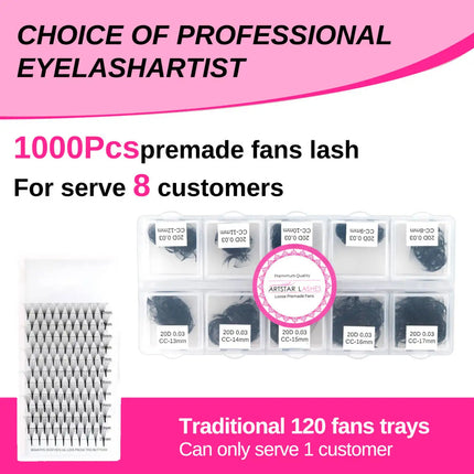 ARTSTAR Lashes 10D 12D 14D 16D 20D 1000Fans Mix8-17mm  Premade Volume Fans Eyelashes C D CC Curl Pointy Base Lash Extensions