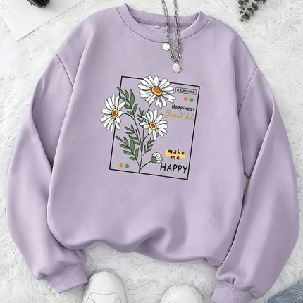 Women Daisy Floral Graphic Sweatshirt Girls Casual Crew Neck Pullover Oversized Soft Fleece Long Sleeve Trend Streetwear Y2K Top