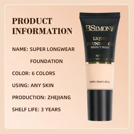BSIMONE Coverage Foundation Long-Lasting Oil Control Waterproof Liquid Foundation Matte Finish Concealer With Sponge Brush Head
