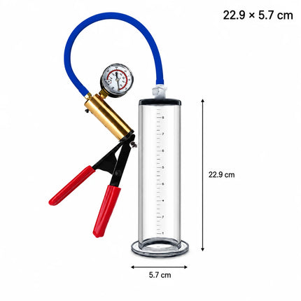 Male Acrylic Cylinder Vacuum Pump Sex Toy with Blue Hose Red Hand Grip Gauge and Man Masturbation Accessories
