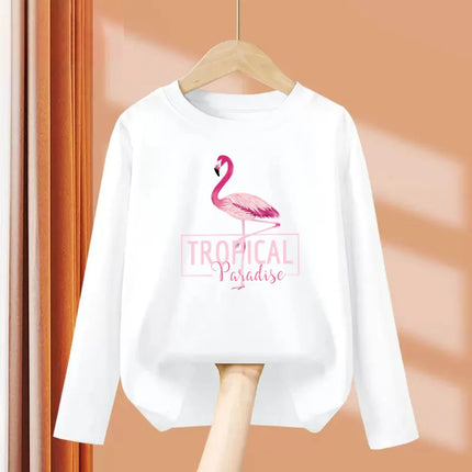 2024 New Flamingo Long-Sleeved T-shirt for Little Girls in Autumn, Round Neck Cotton Tops, Children's Fashion Tees, Ages 3-14