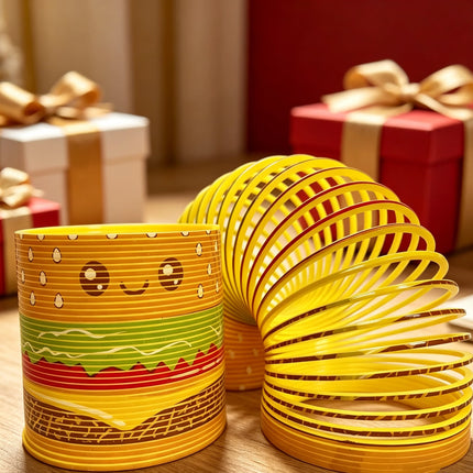 Cute Hamburger Pattern Mini Rainbow Slinky Toy Flexible Plastic Magic Spring Coil Fidget Toy for Kids 1/3/6Pcs Christmas Gift