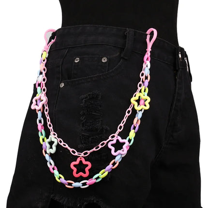 Doulbe Layered Pink Color Strawberry Resin Chain Keychains Women Girls Hip Hop Waist Chain Pants Trousers Chain Bohemian Jewelry