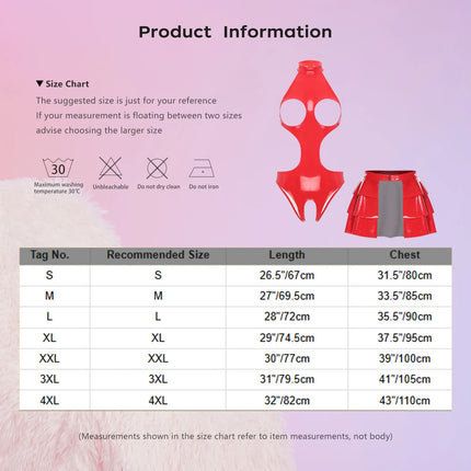 Womens Wet Look PU Leather Lingerie Set Push-up Underwire Cutout Short Sleeve Crop Top with Built-in Thongs Miniskirt Clubwear