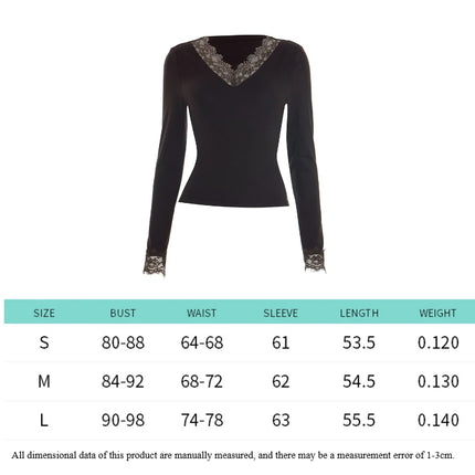 Sexy Lace Trim Long Sleeve T-shirt Solid V Neck Slim Fit Crop Top Fashion Splice Hottie Club Party Top Autumn New Lady Pullover