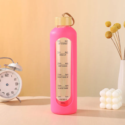 32oz 1L Time-marked Glass Water Bottles Portable Drink Bottle Bamboo Lid Free of Lead Motivational Sport Silicone Sleeve Bottle