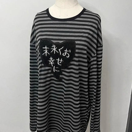 Punk Vintage O Neck Long Sleeve Shirts Striped Design Harajuku Embroidery Tops Y2k Autumn Winter Loose Casual Base Layer T-shirt