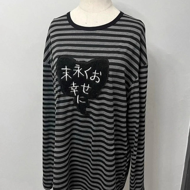 Punk Vintage O Neck Long Sleeve Shirts Striped Design Harajuku Embroidery Tops Y2k Autumn Winter Loose Casual Base Layer T-shirt