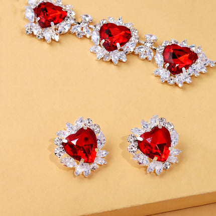 Exaggerated Rhinestone Red Heart Necklace Earrings Women Fashion Romantic Jewelry Set Light Luxury Banquet Wedding