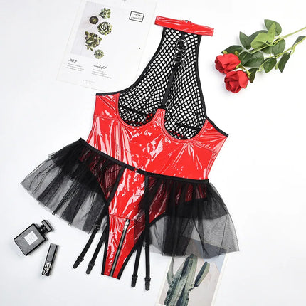 Tornova Sexy Female Lingerie Patent Leather Patchwork Mesh Hollow Out See-through Interesting Garters Women's Underwear Jumpsuit