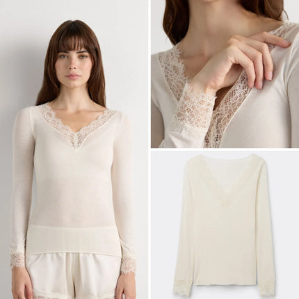 Absobe Long Sleeve Lace Trim T-shirt Women Sexy Low Cut V-Neck Patchwork Versatile Slim Female Top Solid Color Casual Streetwear