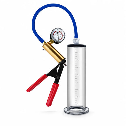 Male Acrylic Cylinder Vacuum Pump Sex Toy with Blue Hose Red Hand Grip Gauge and Man Masturbation Accessories