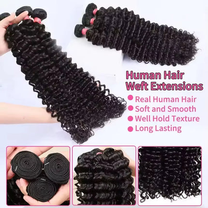 Luvin Curly Bundles Human Hair 30 34 Inch Deep Wave Raw 1 3 4 Hair Bundles Unprocessed Double Weft Hair Extensions Weave