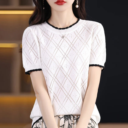 Summer New 100% Cotton Women's T-shirt Casual Solid Color Hollow Out Knit Pullover Short Sleeved Casual Fashion Round Neck Tees