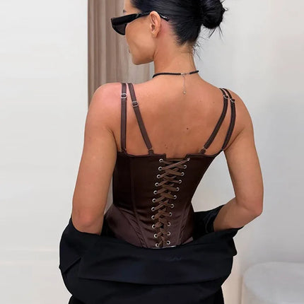 Sexy Double Layered Shoulder Straps Women Vest Elegant Backless Sleeveless Lace Up Female Top 2026 Spring Summer Lady Crop Tops