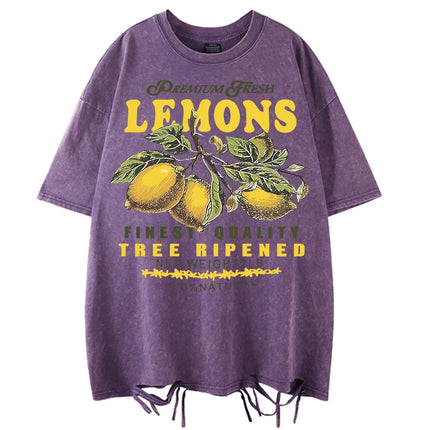Premium Fresh Lemons Fruit Print Women Washed T-Shirts Y2K Comfortable Short Sleeve Loose All-Match T-Shirt Cotton Hip Hop Top