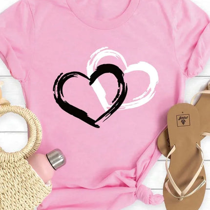 Fashion Love Heart Print Women T Shirt Casual Graphic Printed Clothes Female Shirt Short Sleeve Lady Streetwear Lover Tee