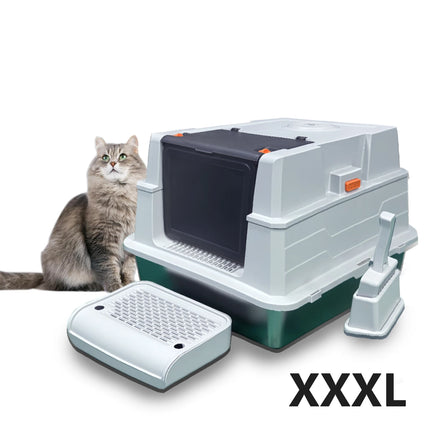 Stainless steel litter box with lid, extra-large enclosed kitty litter pan, equipped with steps and a litter scoop,