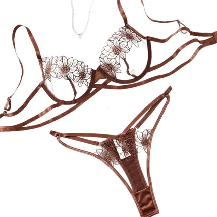 High-End Floral Embroidered Underwire Bra Set, Women's Mesh Unlined Bra + Panties
