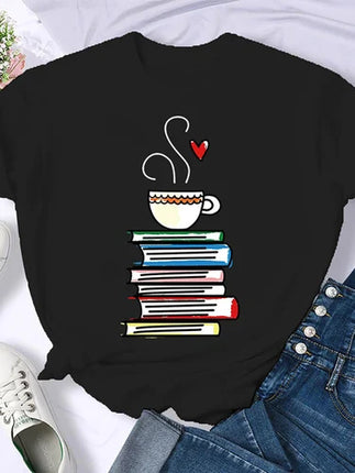 Coffee Books Brown books American retro T-shirt woman round neck half sleeve T-shirt printed T-shirt top woman oversized