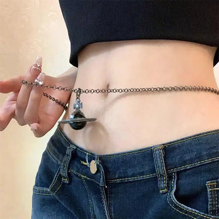 3D Black Saturn Waist Chain | Light Luxury Body Jewelry for Women's Waist Decor