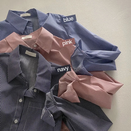 Spring High Waist Slim Fit Striped Shirt Women's Button up Polo Collar Cotton Polyester Blend Fashionable Korean Style