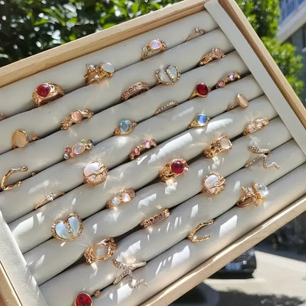 10/17Pieces Fashion Heart & Cat Eye Opal Ring Set For Women Mix Style Open Adjustion Daily Jewelry Party Gifts