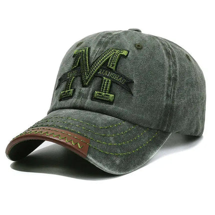 Vintage Washed Cotton Baseball Cap Men Women Letter M Embroidery Dad Hat Retro Leather Brim Edge Snapback Sun Hat Gorras Bone