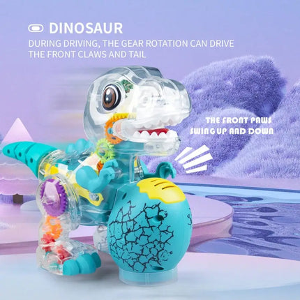 Electric Dinosaur Toy Car for Kids Robot Pet Universal Wheel Bump and Go Swing Toy Transparent Gear with Lights and Music