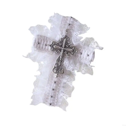 77HE Lace Crosses Hairclip Dark Hair Clip Headwear Crosses Hair Clip Balletcore