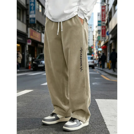 Men's corduroy wide leg pants with elastic drawstring, loose straight leg pants, fashionable letter printed streetwear,   S-4XL