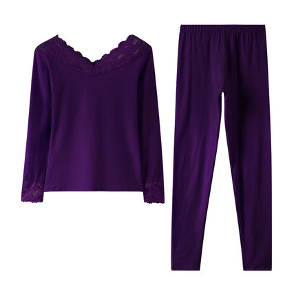 Women's Thermal Underwear Cotton Woman Winter Clothing Sexy Lingerie Set Long Johns Lace Bottoming Thermal Shirt Pant Sets 2Pcs