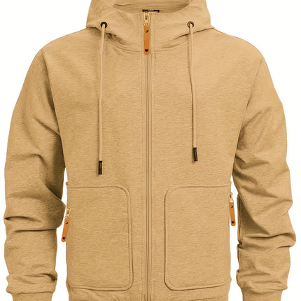 Men Full Zip Hooded Jacket Waffle Grid Texture Solid Color Zipper Pocket Long Sleeve Casual Outdoor Sweatshirt Coat