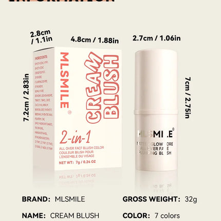 MLSMILE 7 color Shimmer Sandwich Blush Stick Natural Long-lasting Brightening Easy Color Highlighter Stick Two-Color Blush Cream