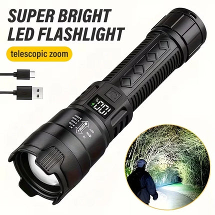 10000LM High Power LED Flashlight Long-range USB C Rechargeable Flashlight Power Display Zoom Lantern For Outdoor Camping Torch