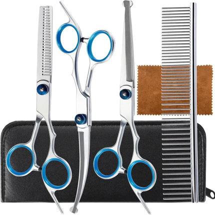 Professional Pet Grooming Scissors Set Stainless Steel Straight Curved Thinning Shears with Comb and Case for Dogs Cats