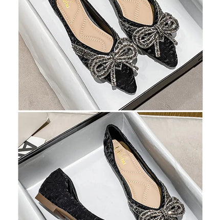 Women Flat Elegant Fashion Women Flat Fashion Ballet Shoes Ladies Bling Crystal Bow Tie Pointed Toe Flats Shoes Zapatos De Mujer