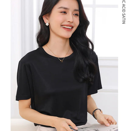 Summer Women's Short Sleeve O-Neck T-Shirt Knitted Acetate Fabric High-End Thin Pullover Top for Ladies
