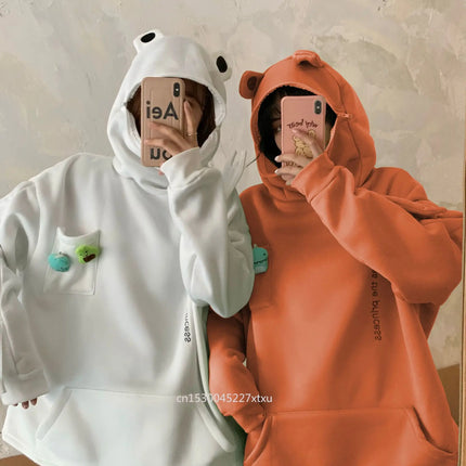 Unisex Frog Zipper Hoodie Fleece Lined Springtime Embroidery oversized Sweatshirt Harajuku Warm Pullover Korean Style Dropship