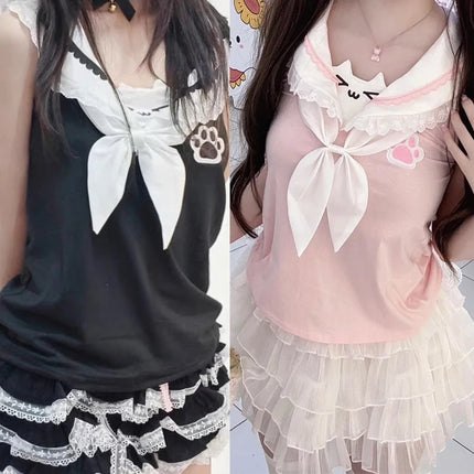 Y2k women clothing stitch arcane Cute Vest Subulture Lace clothes Cartoon Short Sleeve T-shirt Summer Kawaii Sweet Girls Tanks