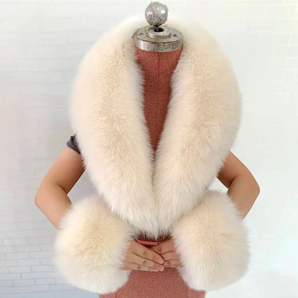 Winter Natural Fox Fur Scarf And Cuff Set Women Jacket Fur Collar Authentic Neck Warm Scarves Luxury Fluffy Fox Fur Shawl
