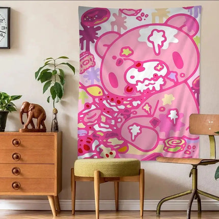 VIKAMA Cute Pink Bear Cartoon Tapestry, Wall Hanging For Living Room, Bedroom, Gaming Room, Dorm And Birthday Party Home Decor