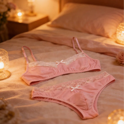 1 Set of 2 Pieces Underwear Set:Men's erotic cross-dressing bowknot lace underwear set, lace panties & bra combination set