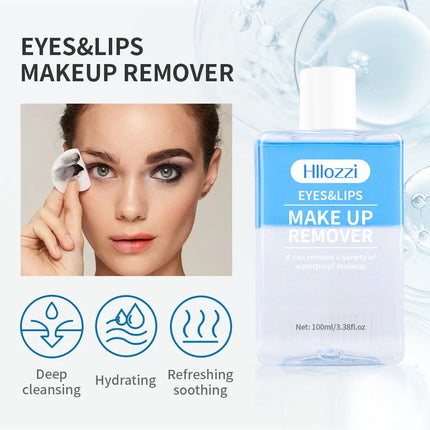 Hllozzi 100ml lip and eye makeup remover mild and non-irritating quickly removes makeup, deep cleansing water-oil makeup remover
