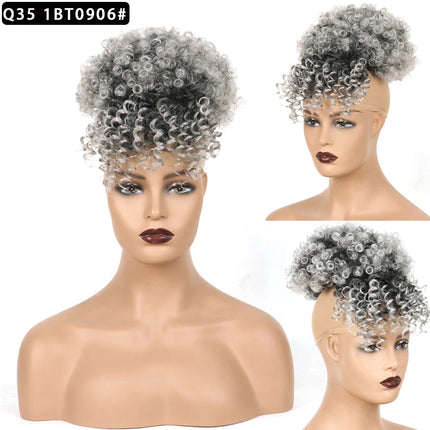 Afro Puff Synthetic Drawstring Ponytail with Bangs Pineapple Updo Hair for Black Women, Short Kinky Curly Ponytail Bun (1B)