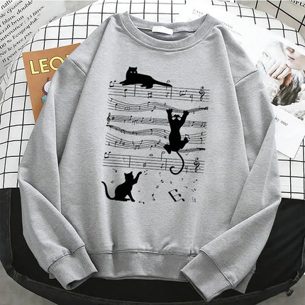 Japanese Style Music Cat Womens Solid Hoodies Basic Warm Fleece Sweatshirt Soft Streetwear O-Neck Pullover Casual Female Clothes